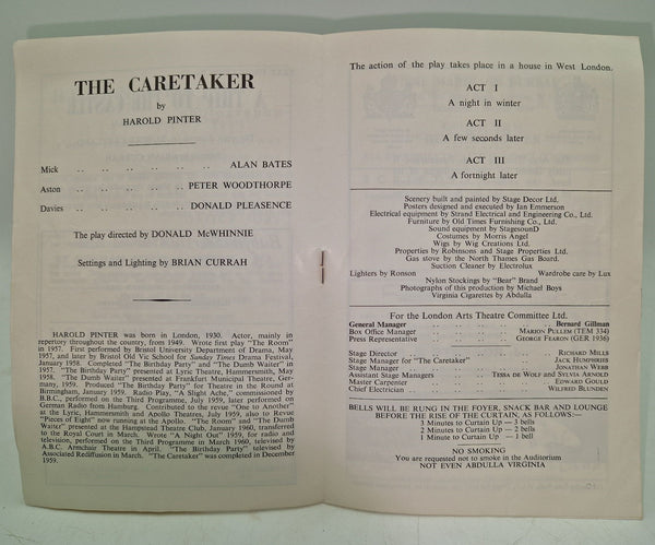 Theatre programme for the first performance of The Caretaker on Wednesday 27th April 1960.