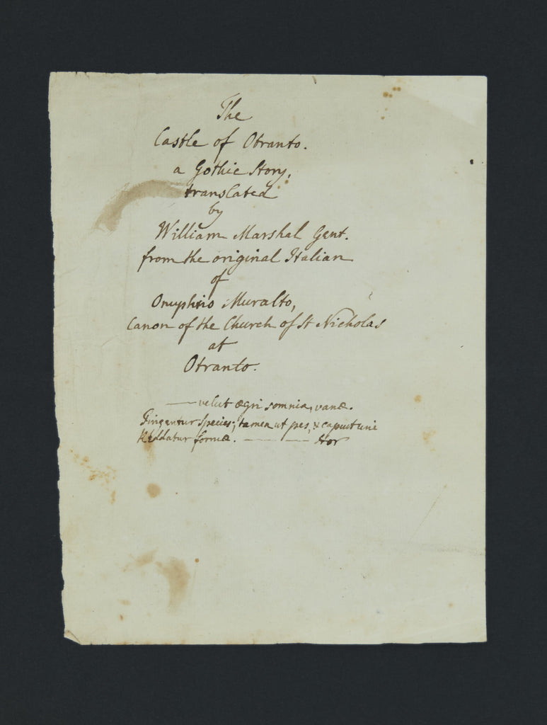Autograph title page for The Castle of Otranto. A Gothic Story